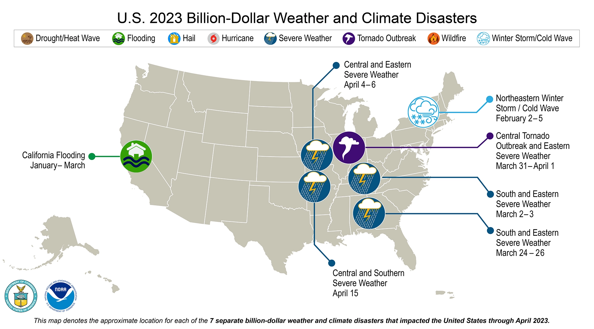 A map of the United States plotted with 15 weather and climate disasters, each costing $1 billion or more, occurred between January and September 30, 2022. (NOAA)