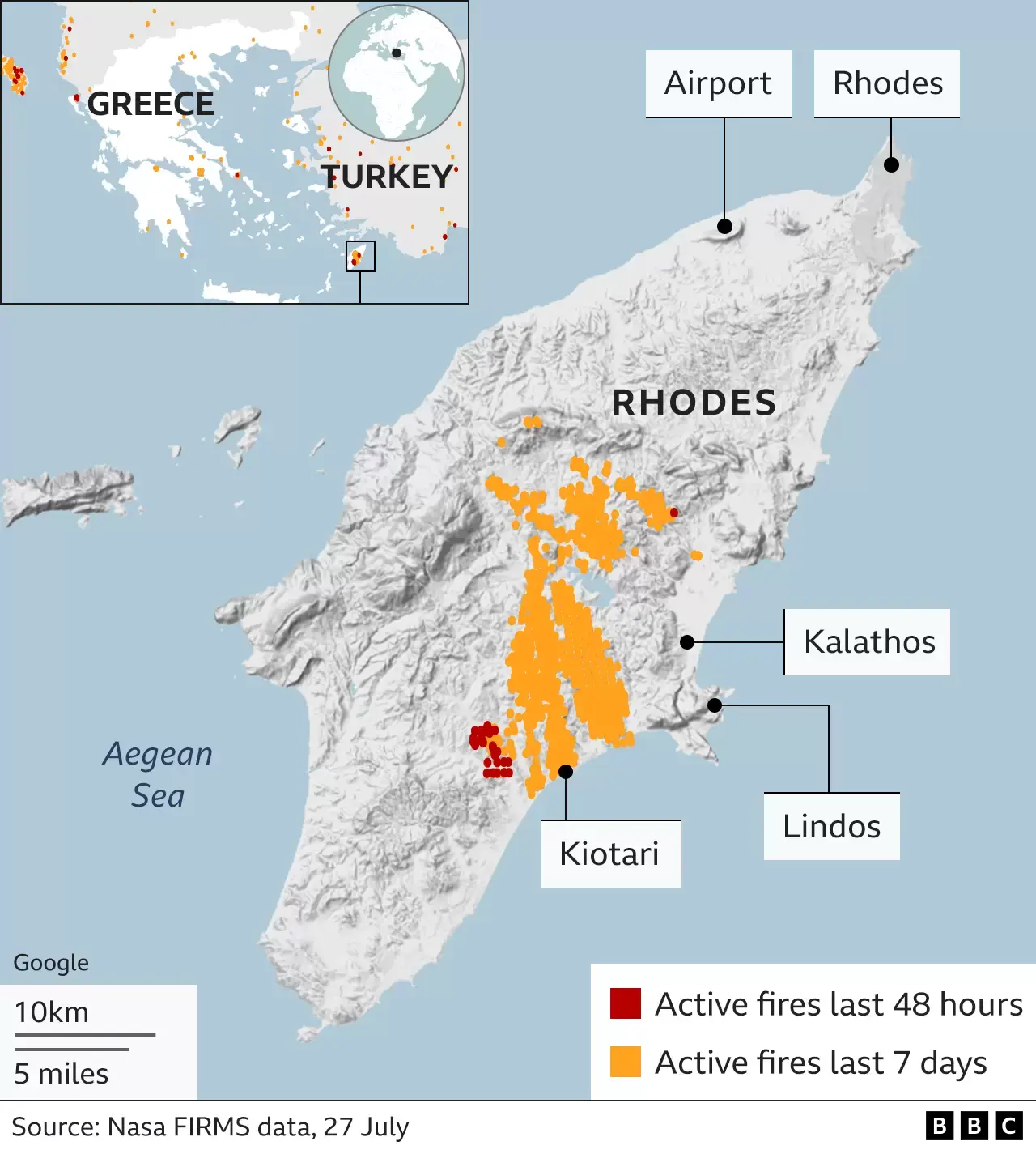 Active Rhodes Wildfires: 48-hour perimeter (as of 27th July) and 7-day prior active fires