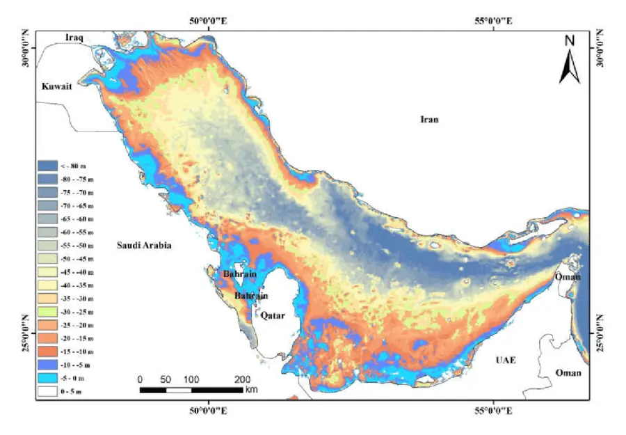 A bathymetry map of the Arabian Gulf. Note the shallow water depths for the Gulf