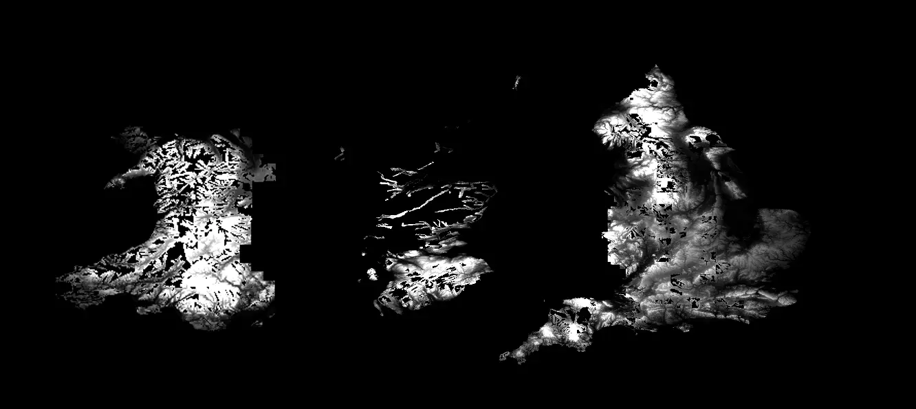 LiDAR DEM and coverage for England, Wales and Scotland. Lighter (white) indicates higher elevation above sea level. Blank (black) patches are areas with no LiDAR coverage.