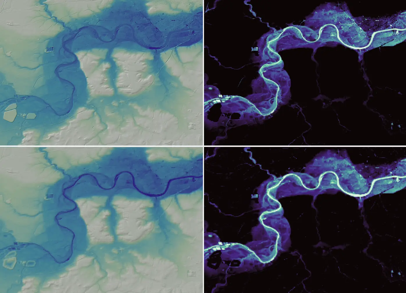 Left: Example of 10m (top) and 90m (bottom) DEMs, white is higher elevation, blue is lower elevation. Right: resulting flood extent maps, black is no inundation, blue to white is deeper water.