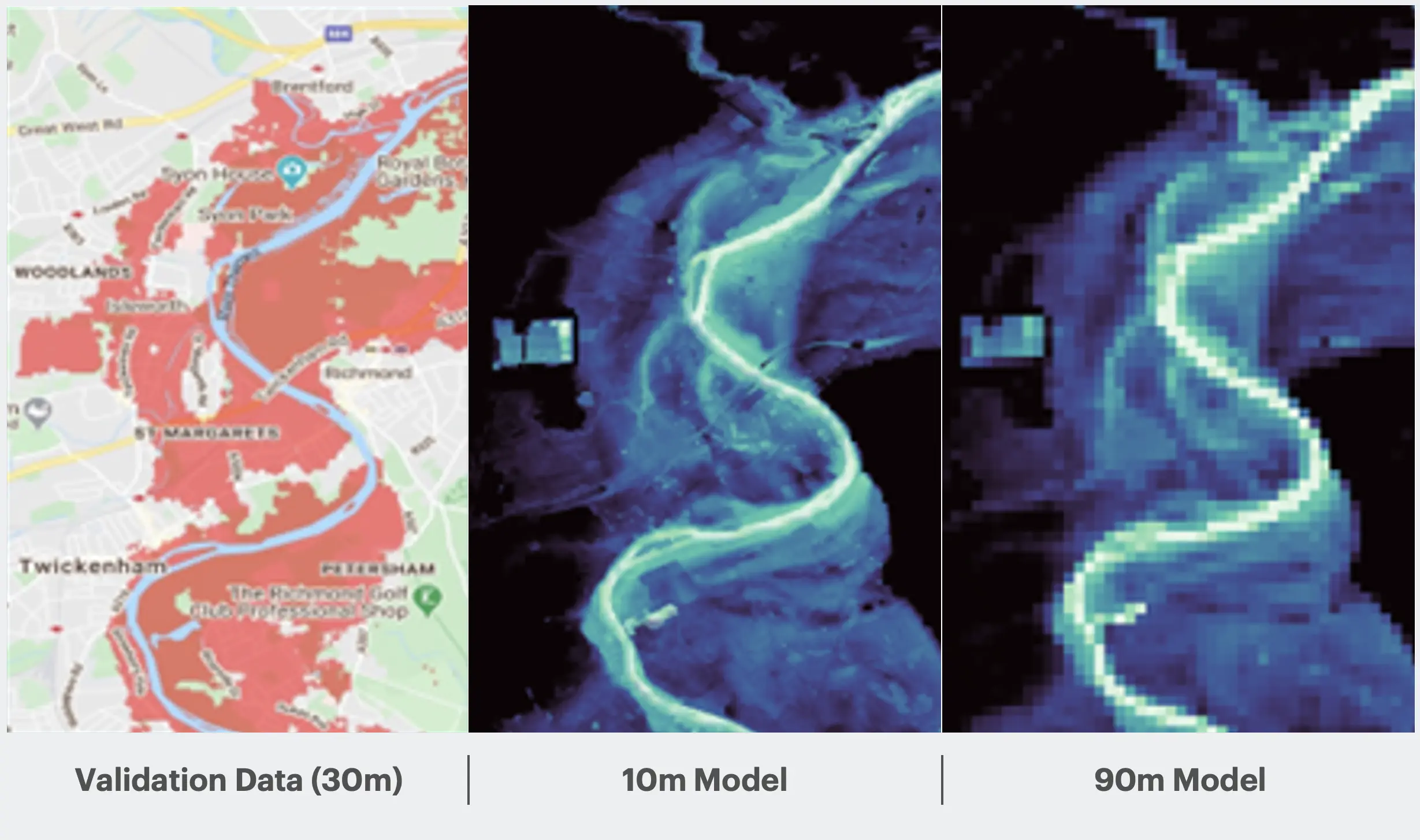 Validation data for historical flood extent. If the validation data is at 30m resolution, we aren’t able to say how accurate a 10m model is at reproducing flood extent. But we can use the 30m data to validate a 90m model.